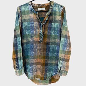 Anthropologie Ruffle Henley Top Women's Small Acid-Washed Tonal Check Tunic